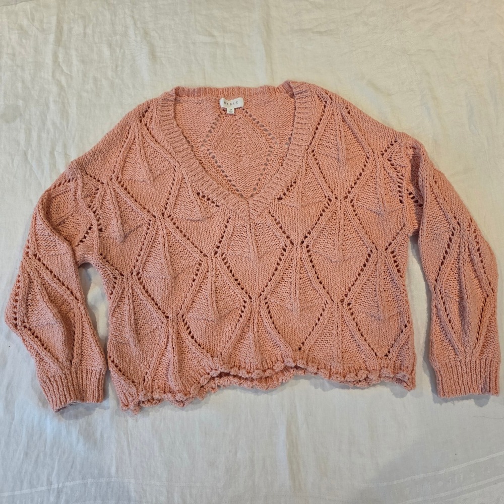 Mable Pink Diamond Pointelle Bulky Open Knit Cotton Sweater MT1556 Womens Medium